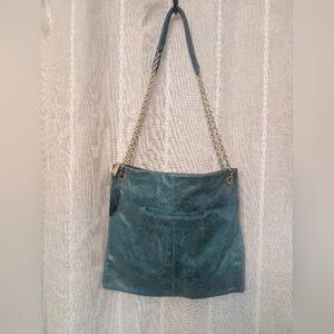 Hobo Teal Leather Shoulder Bag with Chain Strap